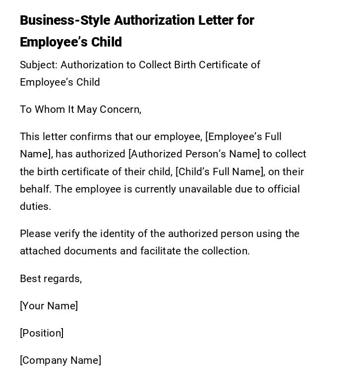 Business-Style Authorization Letter for Employee’s Child Business-Style Authorization Letter for Employee’s Child