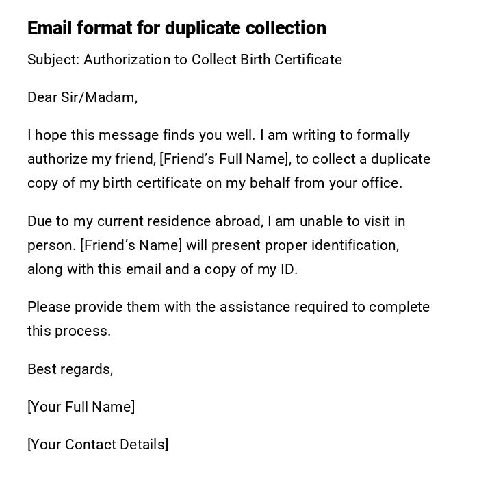 Email format for duplicate collection Email format for duplicate collection