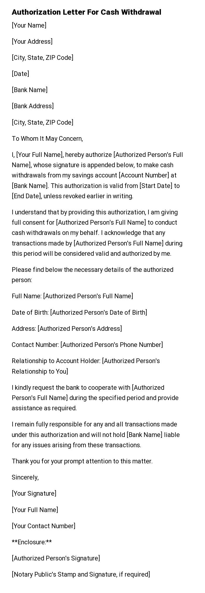 Authorization Letter For Cash Withdrawal