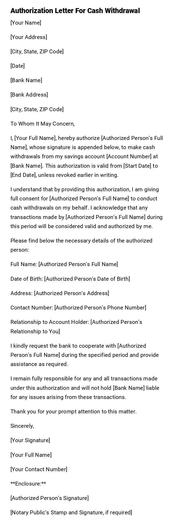 Authorization Letter For Cash Withdrawal