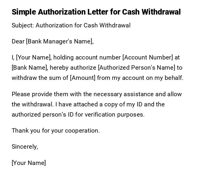 Simple Authorization Letter for Cash Withdrawal