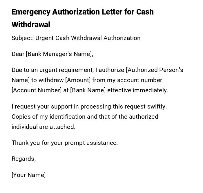 Emergency Authorization Letter for Cash Withdrawal