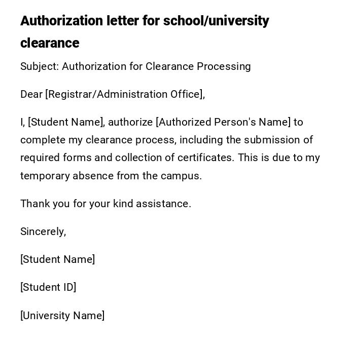 Authorization letter for school/university clearance Authorization letter for school/university clearance