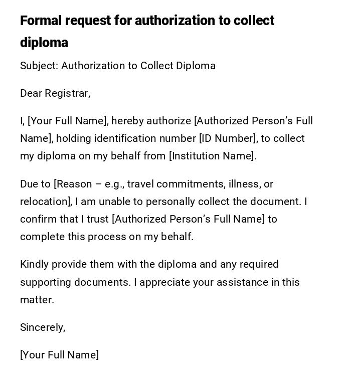 Formal request for authorization to collect diploma Formal request for authorization to collect diploma