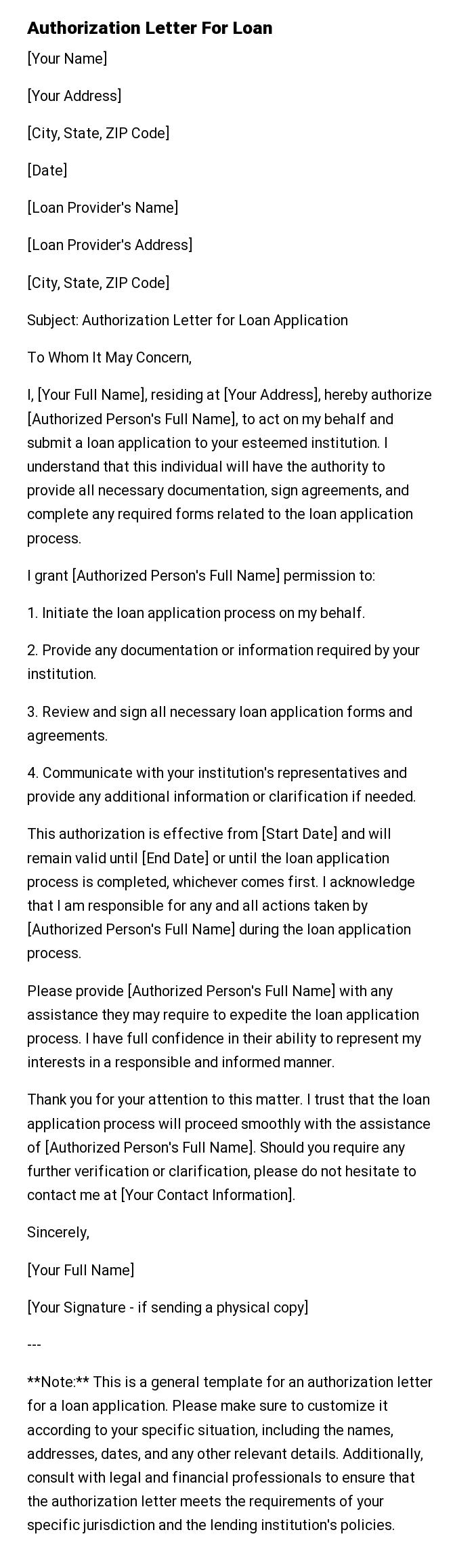 Authorization Letter For Loan