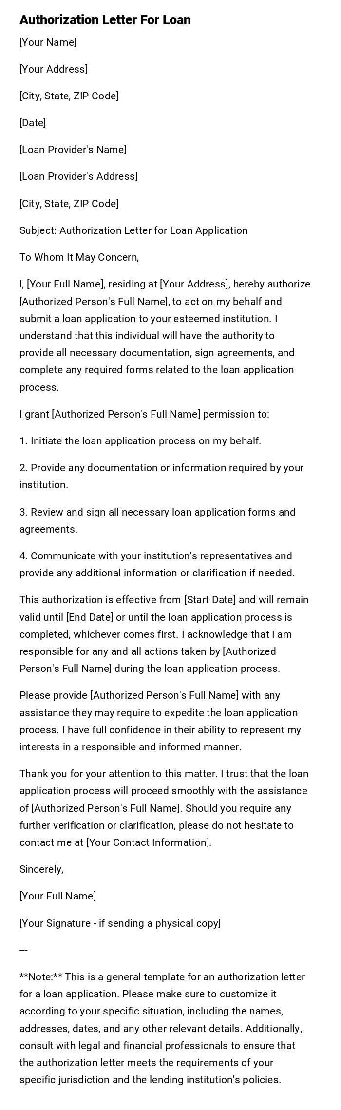 Authorization Letter For Loan