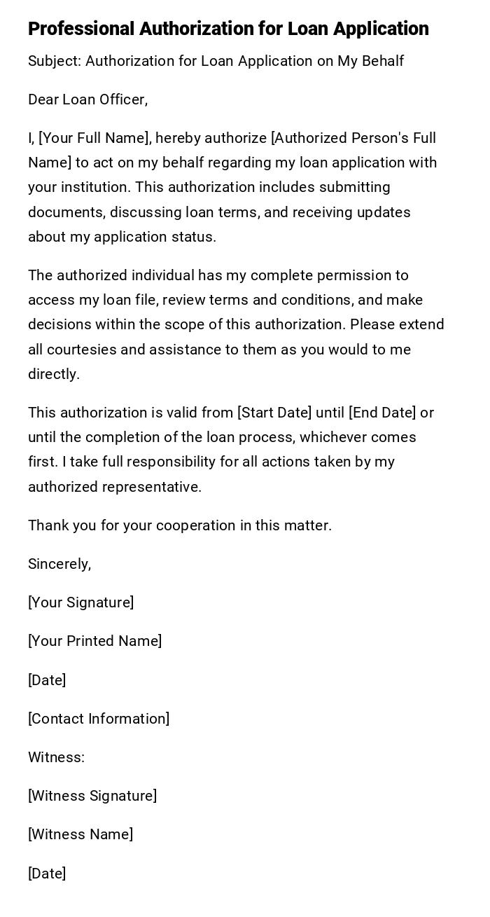 Professional Authorization for Loan Application Professional Authorization for Loan Application