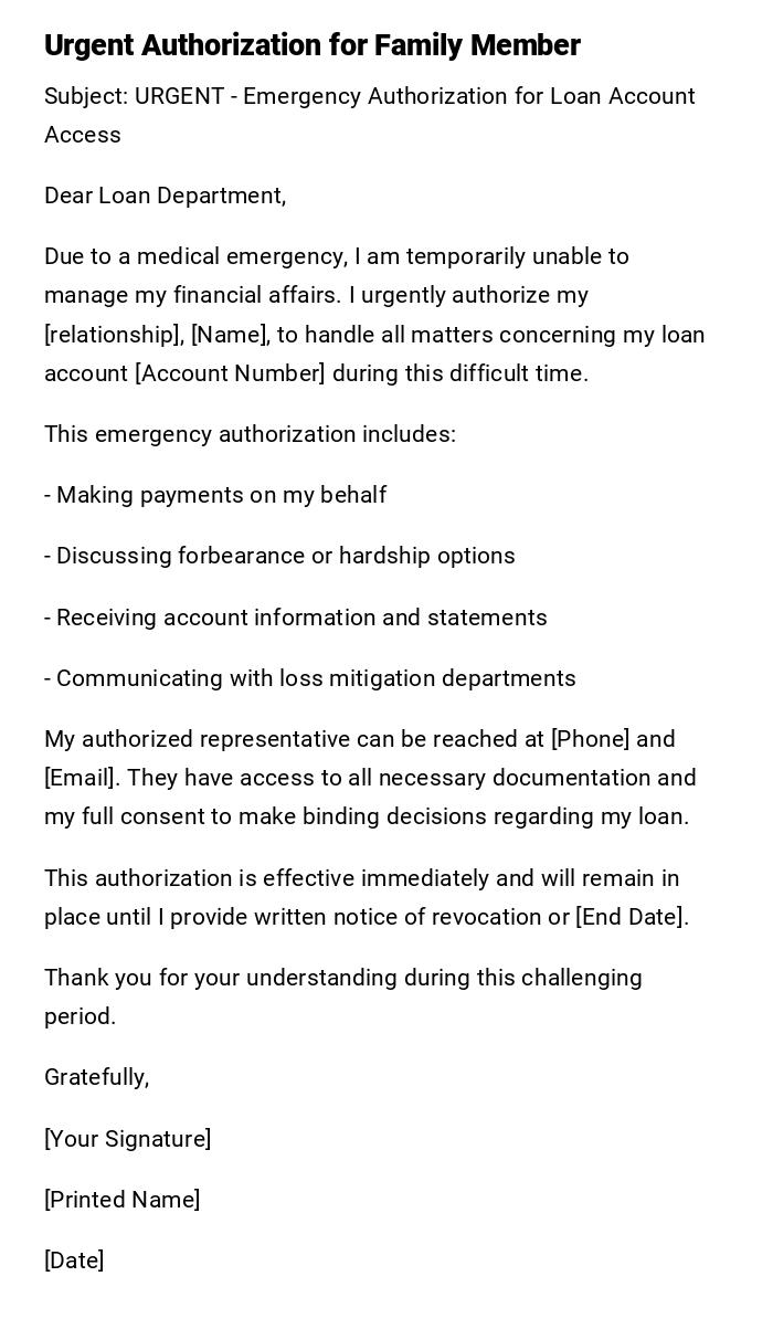 Urgent Authorization for Family Member Urgent Authorization for Family Member