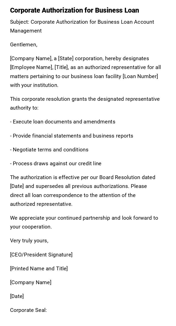 Corporate Authorization for Business Loan Corporate Authorization for Business Loan