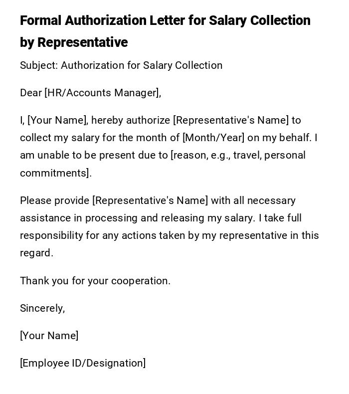 Formal Authorization Letter for Salary Collection by Representative Formal Authorization Letter for Salary Collection by Representative