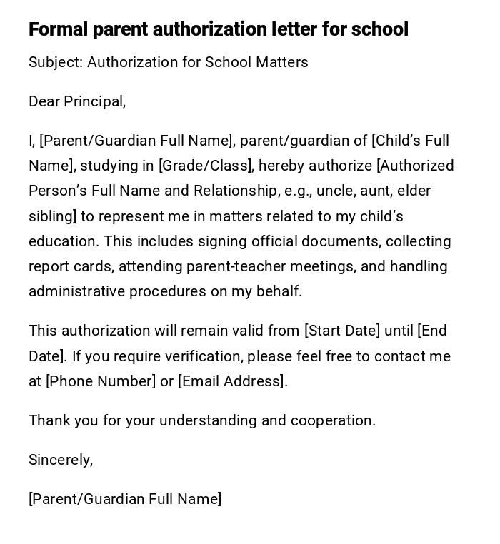 Formal parent authorization letter for school Formal parent authorization letter for school