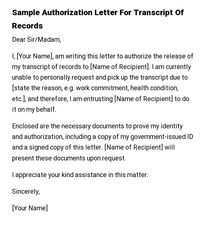 Sample Authorization Letter For Transcript Of Records