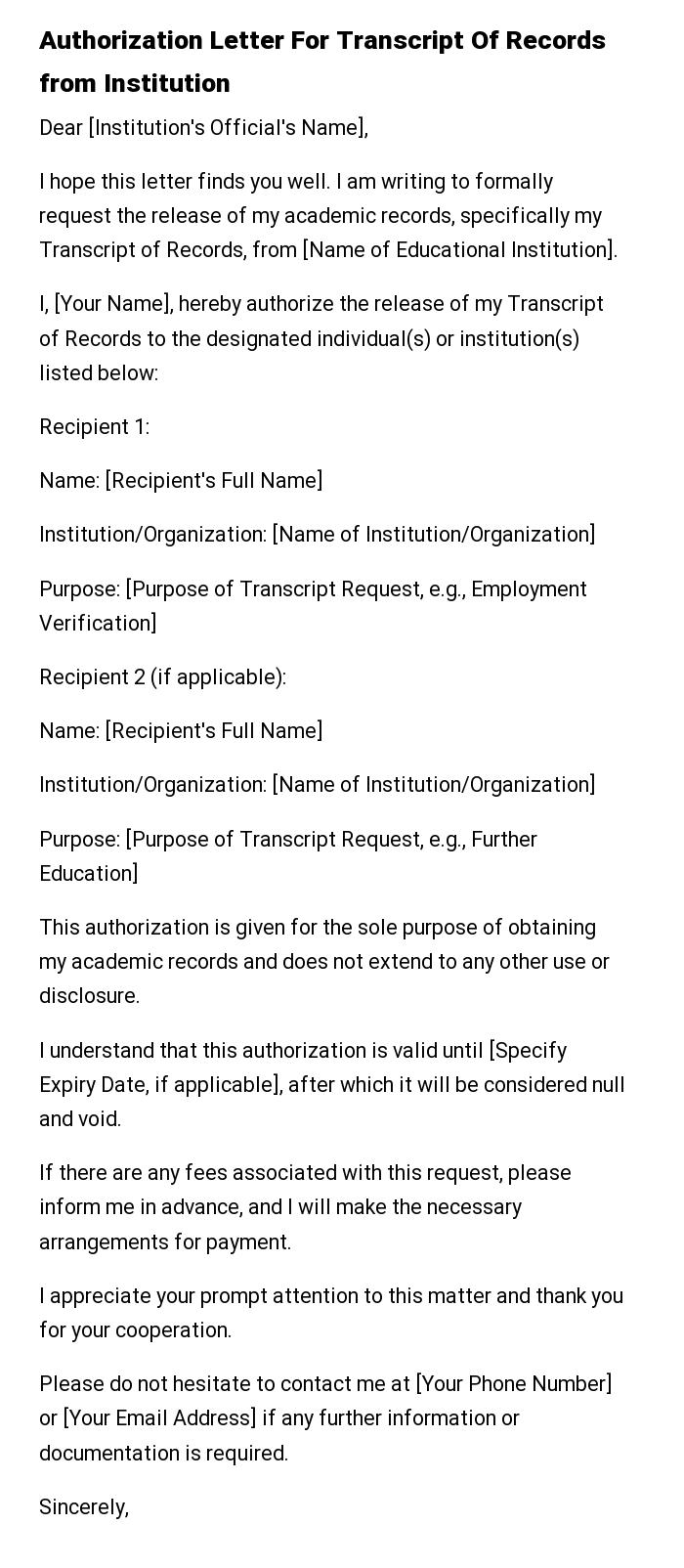 Authorization Letter For Transcript Of Records from Institution