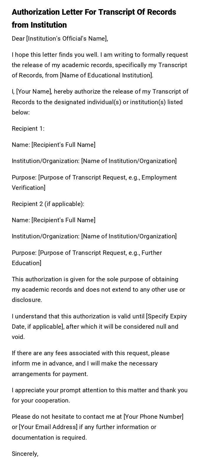 Authorization Letter For Transcript Of Records from Institution