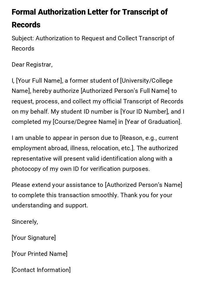 Formal Authorization Letter for Transcript of Records
