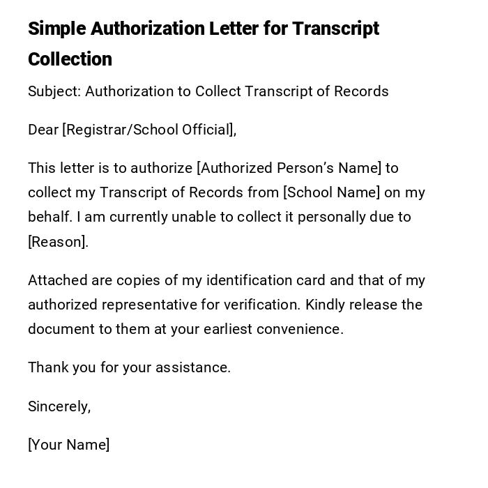 Simple Authorization Letter for Transcript Collection