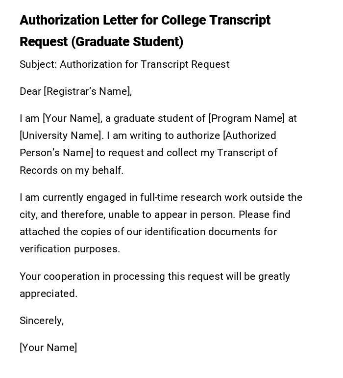 Authorization Letter for College Transcript Request (Graduate Student)