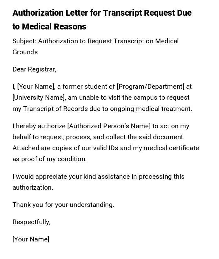 Authorization Letter for Transcript Request Due to Medical Reasons
