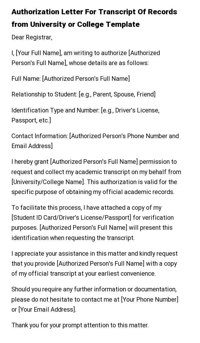 Authorization Letter For Transcript Of Records from University or College Template
