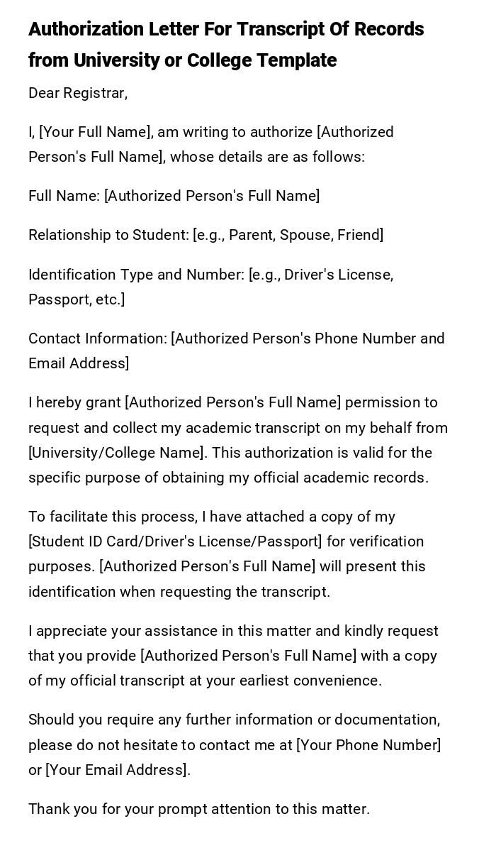 Authorization Letter For Transcript Of Records from University or College Template