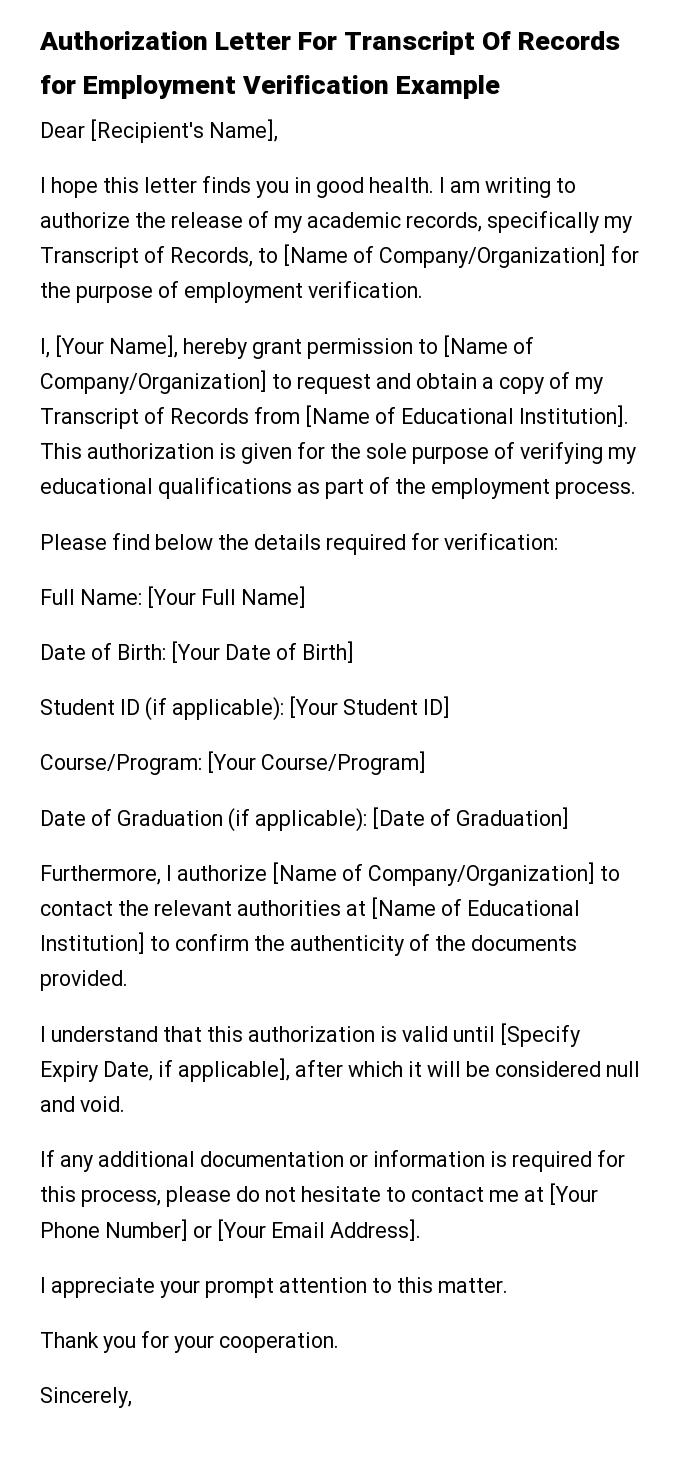 Authorization Letter For Transcript Of Records for Employment Verification Example