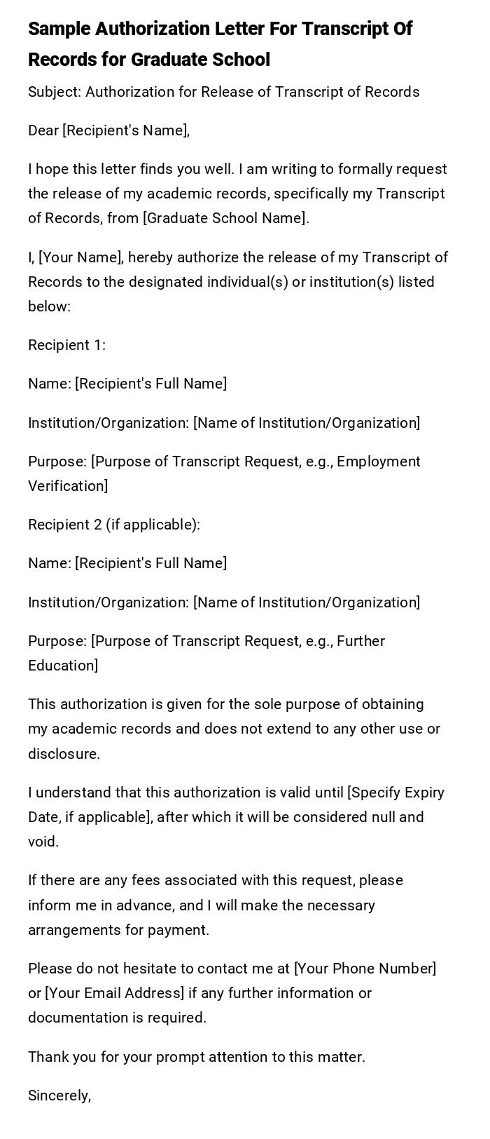 Sample Authorization Letter For Transcript Of Records for Graduate School