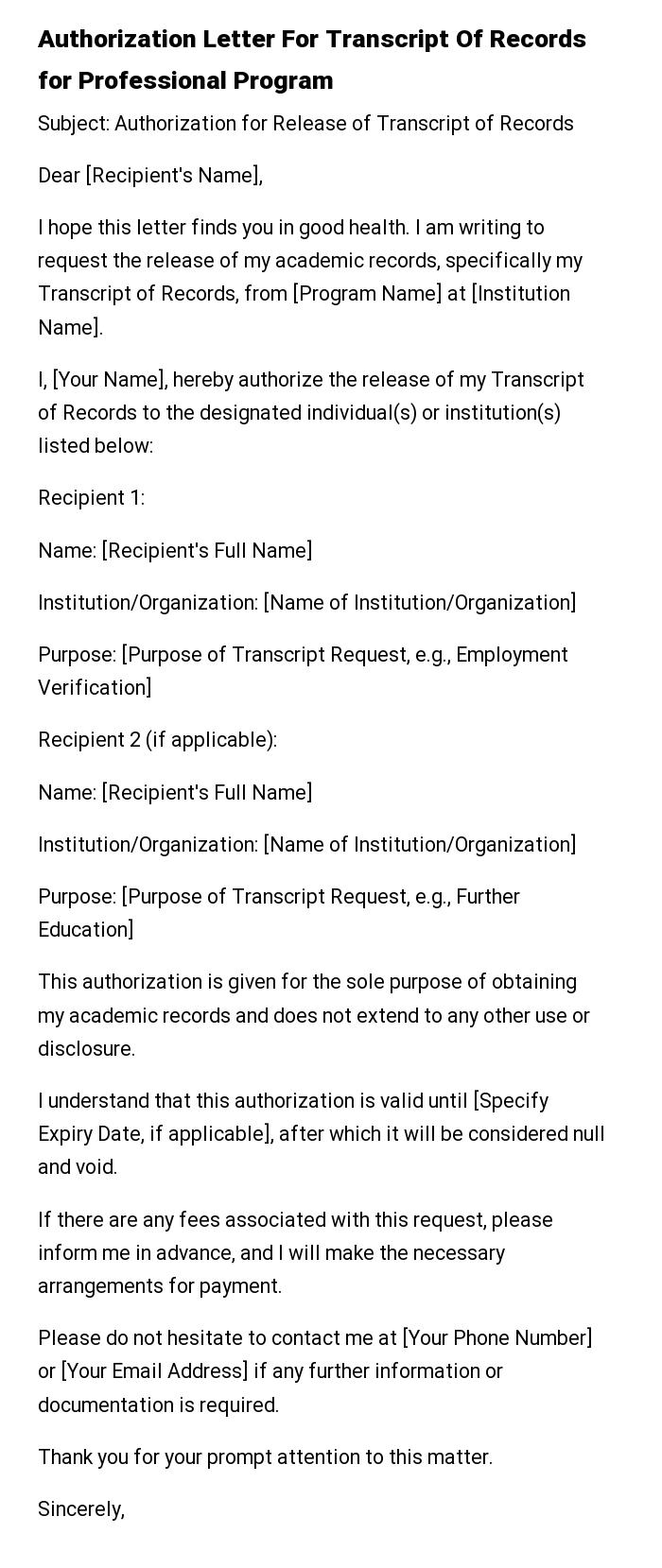 Authorization Letter For Transcript Of Records for Professional Program