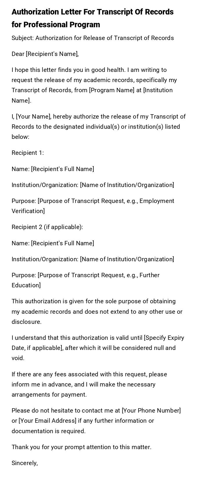 Authorization Letter For Transcript Of Records for Professional Program