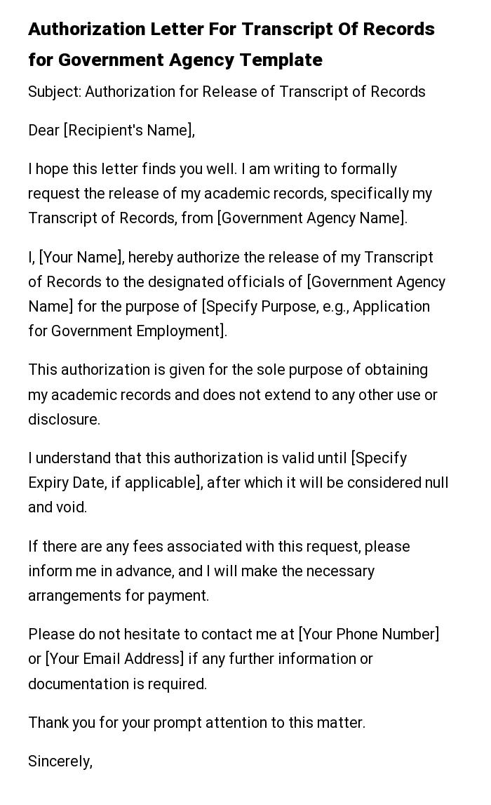 Authorization Letter For Transcript Of Records for Government Agency Template