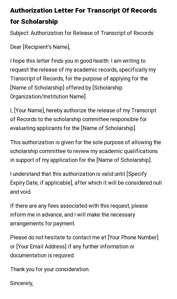 Authorization Letter For Transcript Of Records for Scholarship