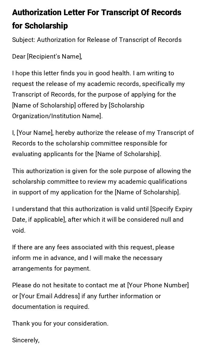 Authorization Letter For Transcript Of Records for Scholarship