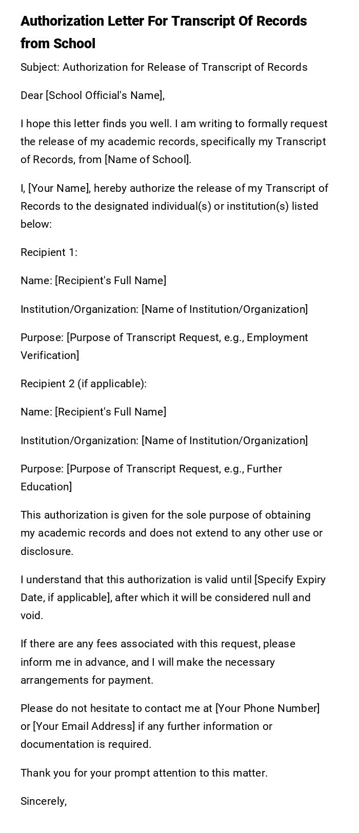 Authorization Letter For Transcript Of Records from School