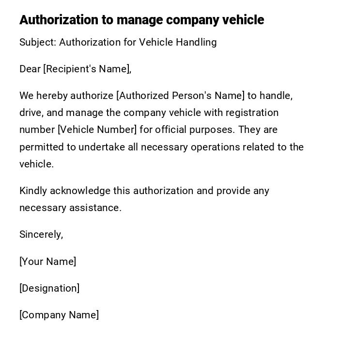 Authorization to manage company vehicle Authorization to manage company vehicle