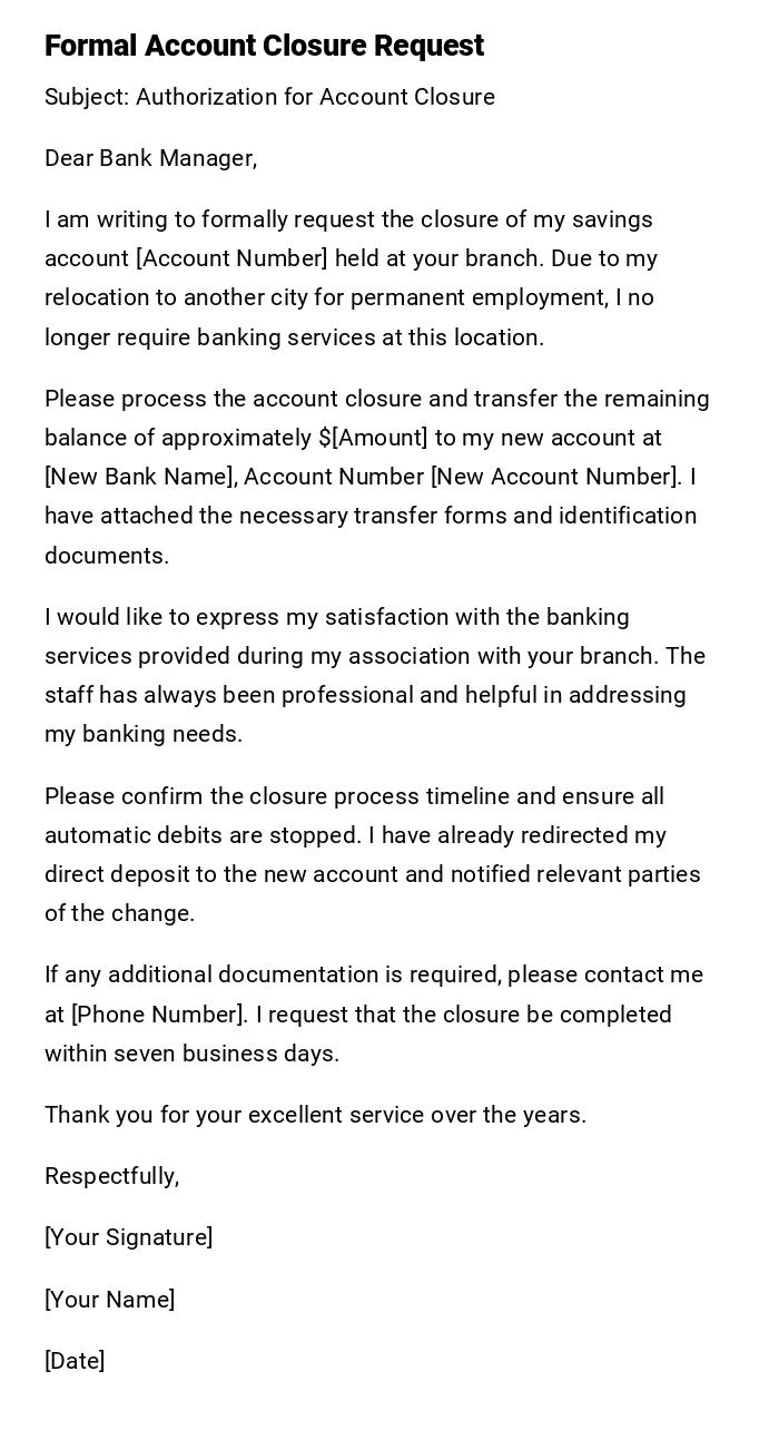 Formal Account Closure Request Formal Account Closure Request