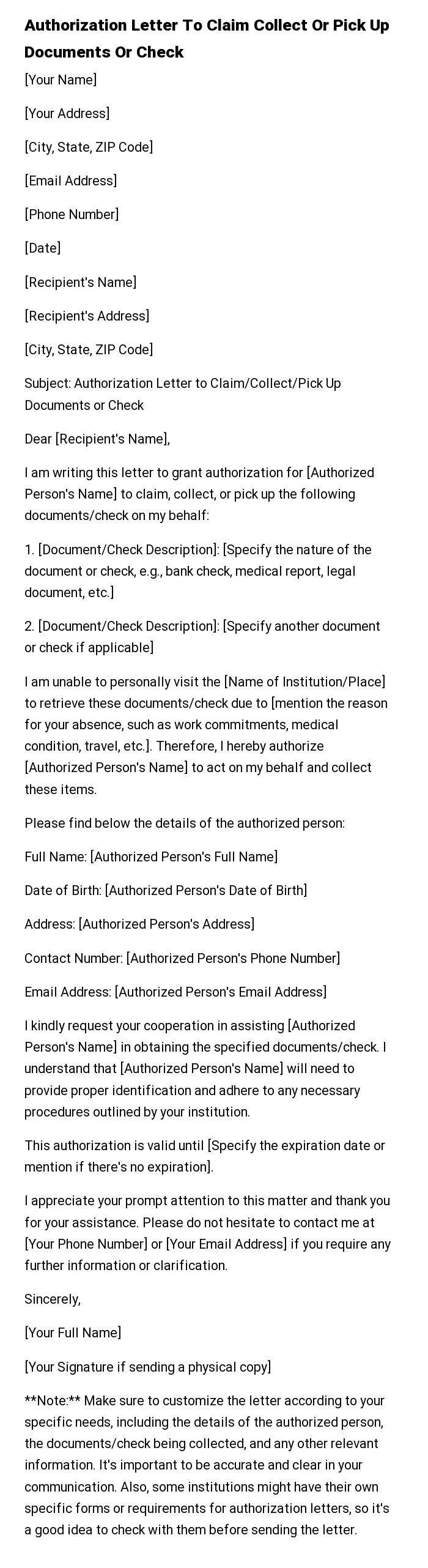 Authorization Letter To Claim Collect Or Pick Up Documents Or Check