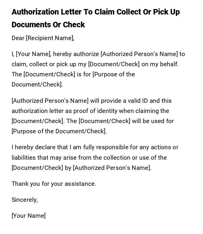 Authorization Letter To Claim Collect Or Pick Up Documents Or Check