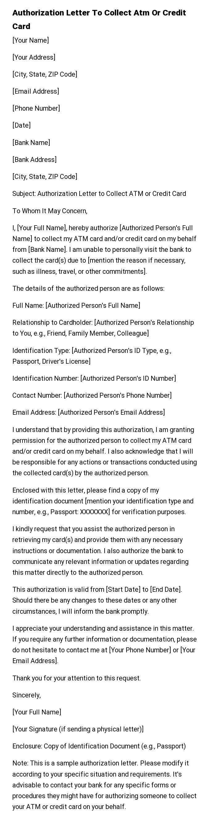 Authorization Letter To Collect Atm Or Credit Card