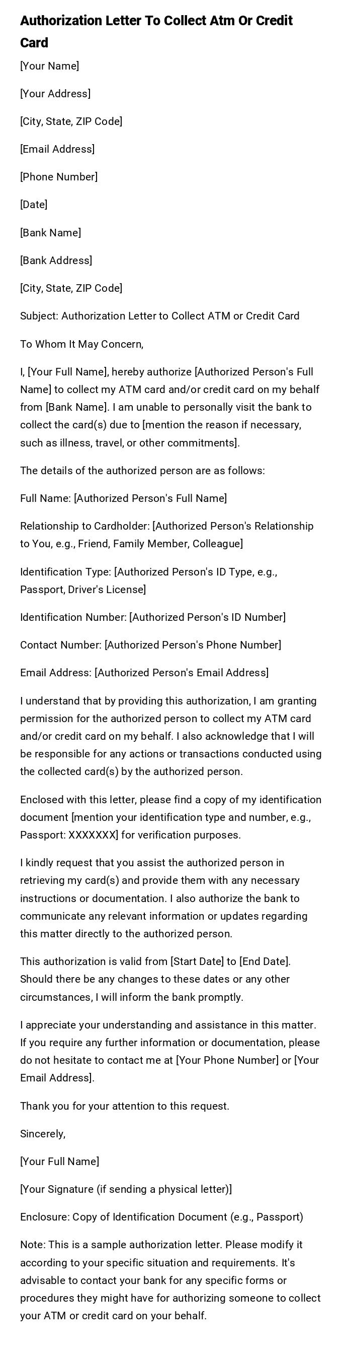 Authorization Letter To Collect Atm Or Credit Card