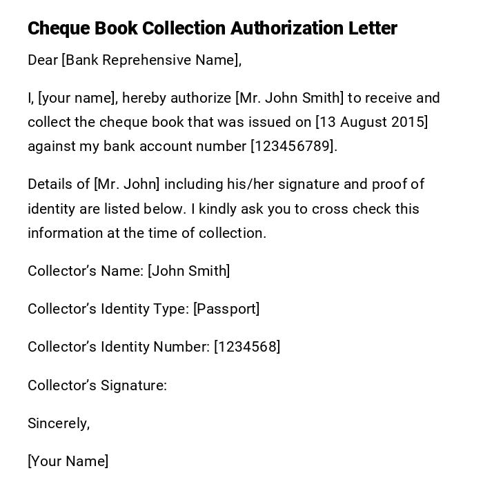Cheque Book Collection Authorization Letter Cheque Book Collection Authorization Letter