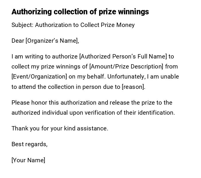 Authorizing collection of prize winnings Authorizing collection of prize winnings