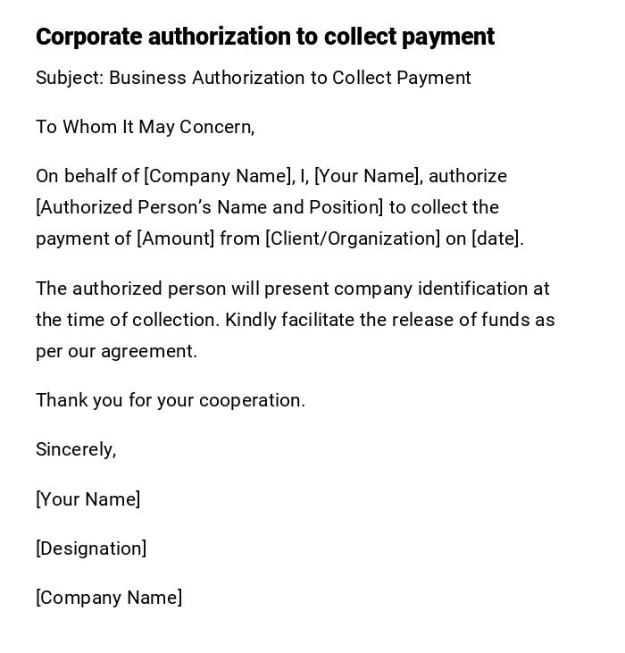 Corporate authorization to collect payment Corporate authorization to collect payment