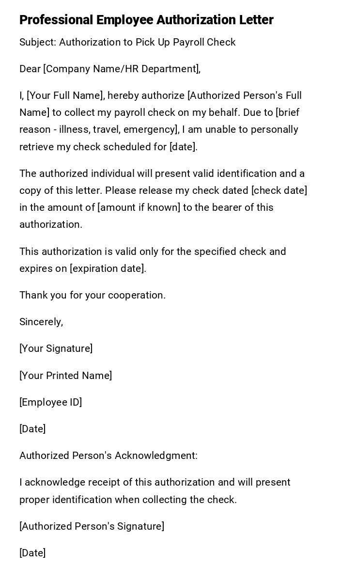 Professional Employee Authorization Letter Professional Employee Authorization Letter