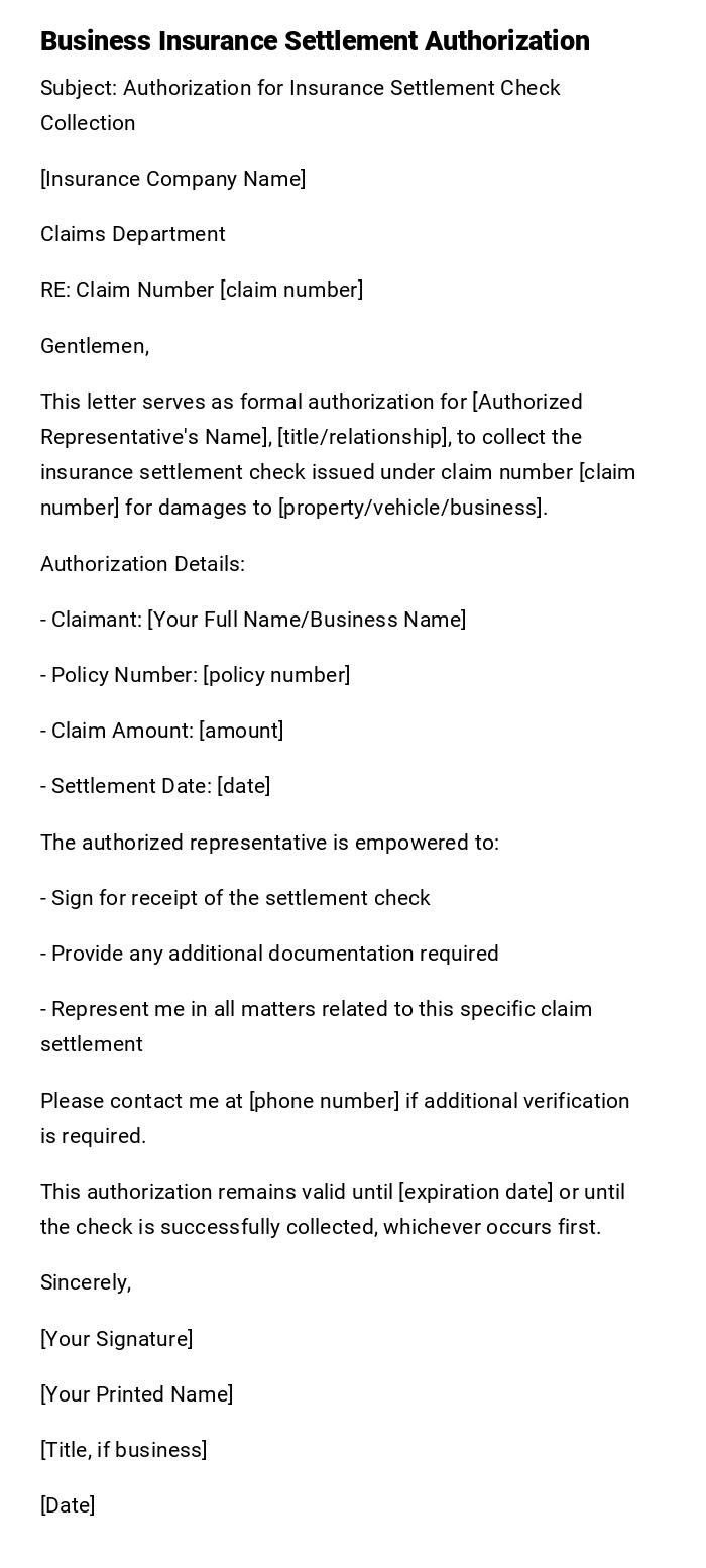 Business Insurance Settlement Authorization Business Insurance Settlement Authorization