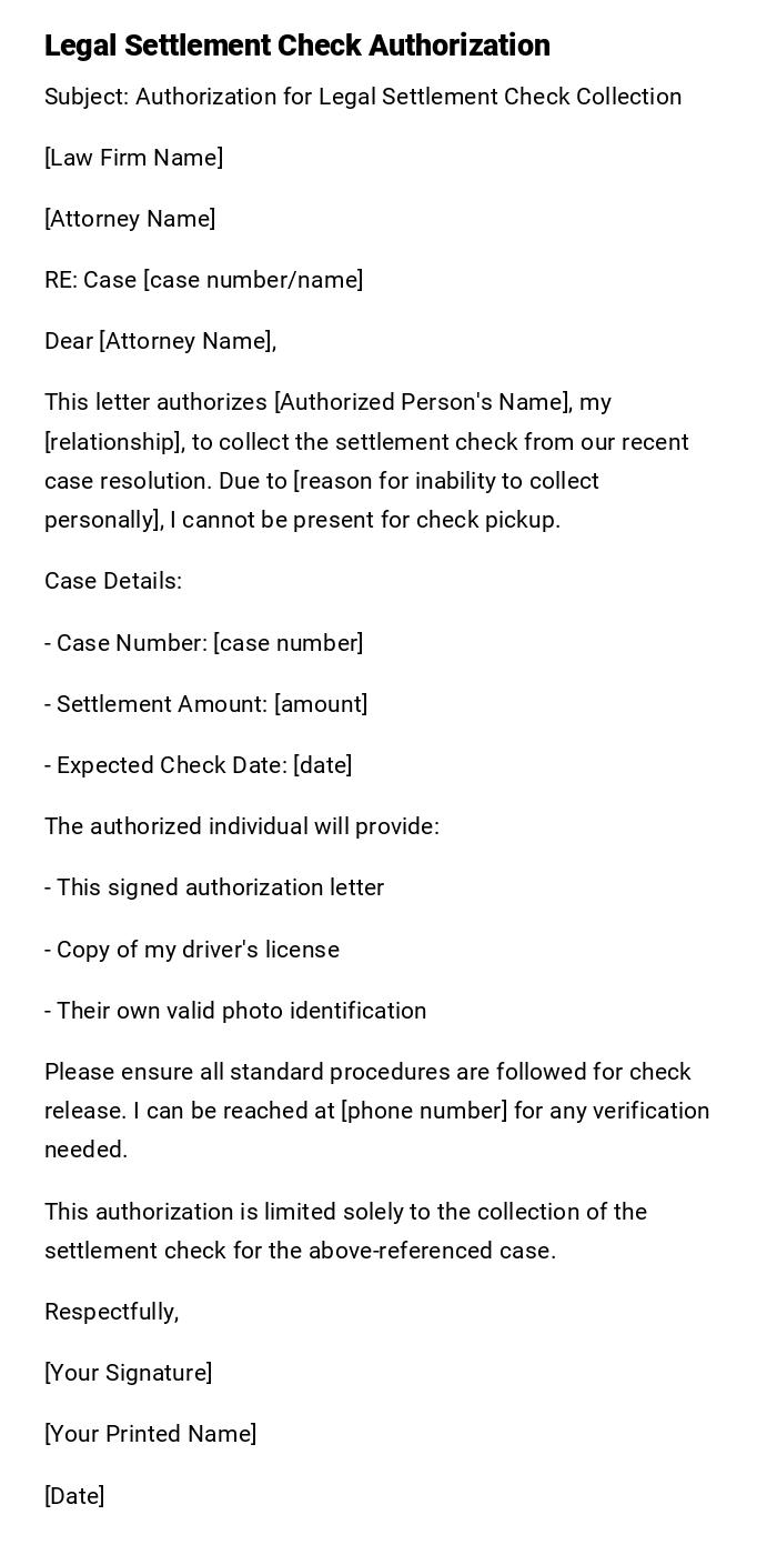 Legal Settlement Check Authorization Legal Settlement Check Authorization