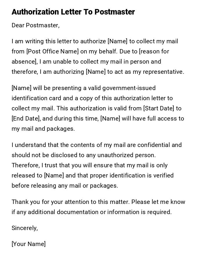 Authorization Letter To Postmaster Authorization Letter To Postmaster
