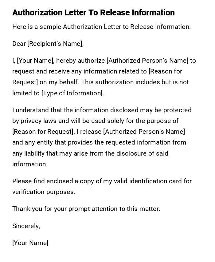 Authorization Letter To Release Information Authorization Letter To Release Information