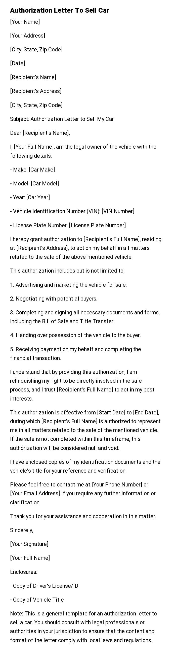 Authorization Letter To Sell Car