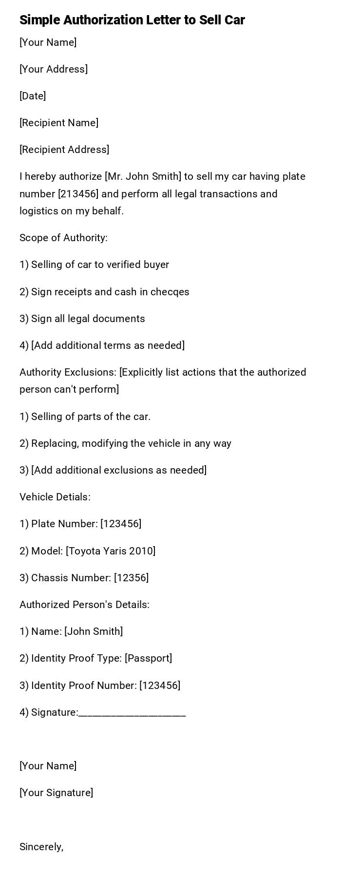 Simple Authorization Letter to Sell Car Simple Authorization Letter to Sell Car