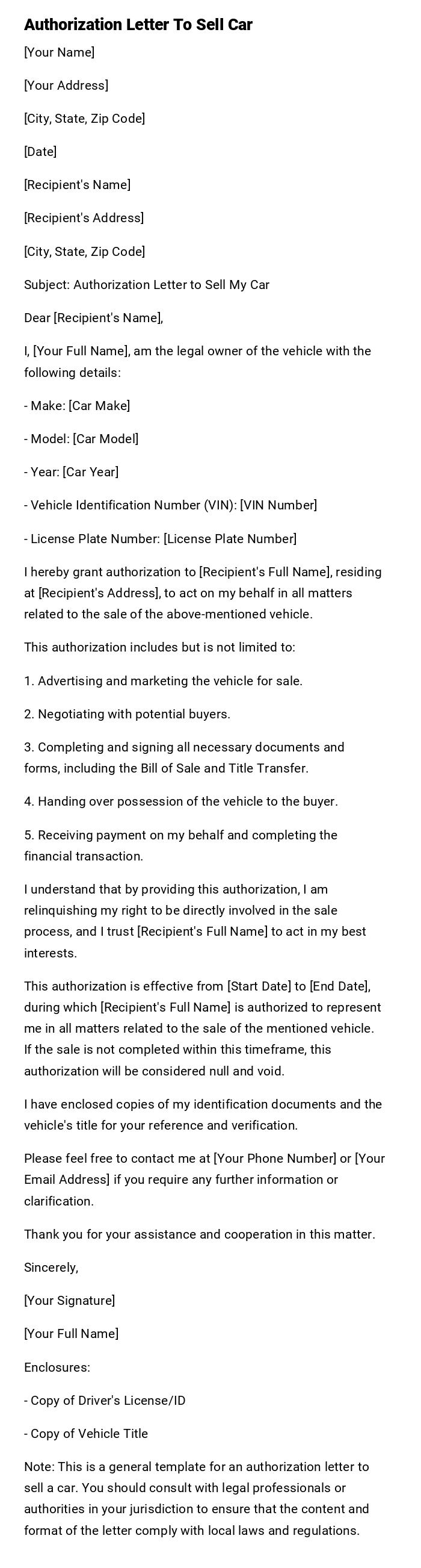 Authorization Letter To Sell Car Authorization Letter To Sell Car