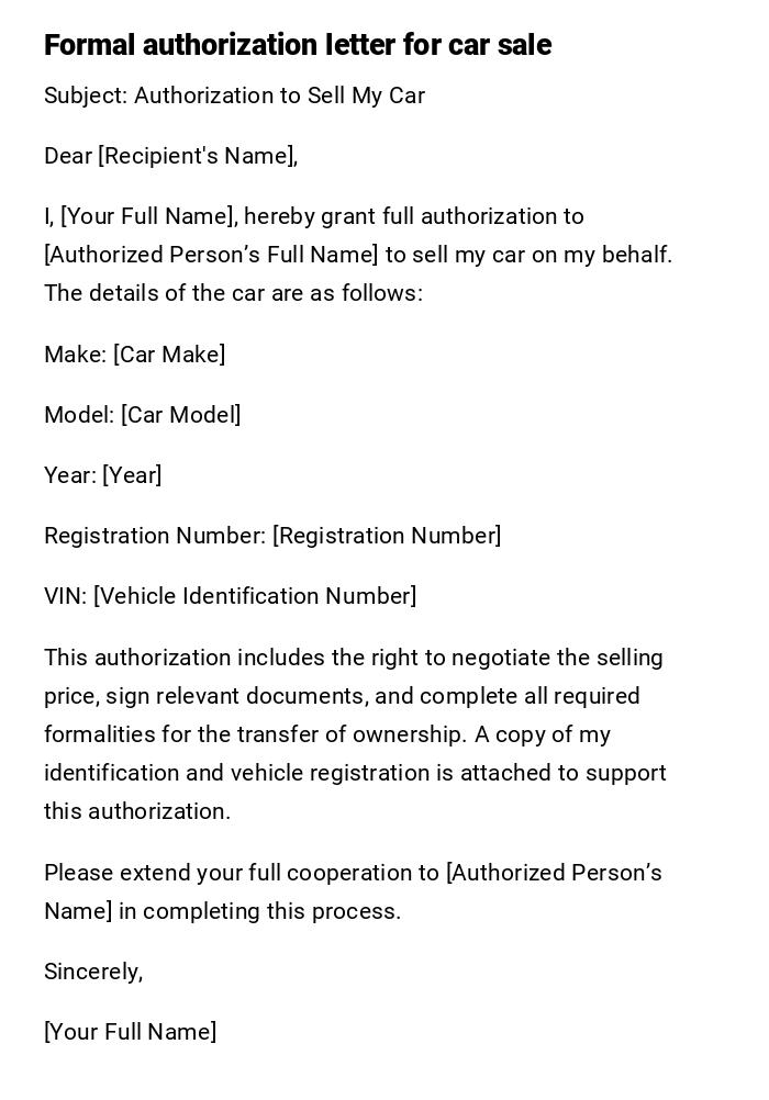 Formal authorization letter for car sale Formal authorization letter for car sale